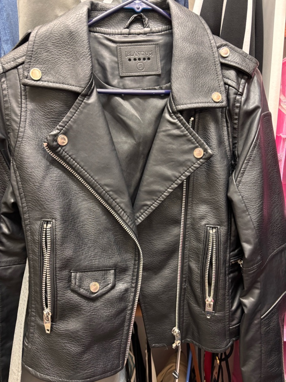 Blank NYC Black Faux Leather Biker Jacket with Silver Hardware